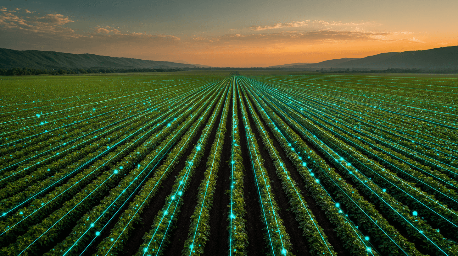 A lush green farm field under a blue sky